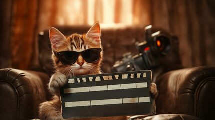 Cool cat wearing sunglasses holding a film clapperboard on a movie set with cinematic lighting