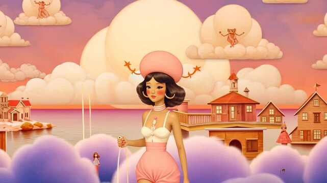 Whimsical Cartoon Illustration of a Beautiful Woman and Baby Angel Surrounded by Flowers for Holiday and Wedding Cards
