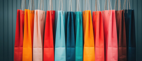 Colorful shopping bags hanging in row, perfect for retail displays