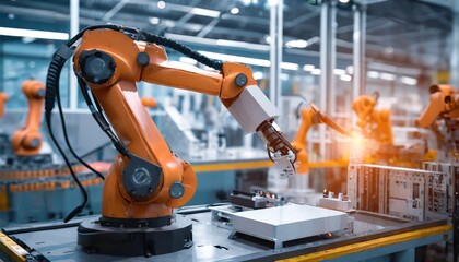 Industrial robot works automatically in a smart autonomous factory. Generated with AI