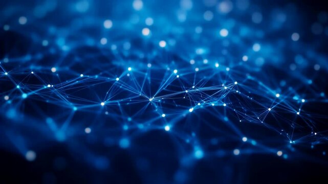 Abstract blue digital background with glowing connections and nodes forming an intricate network, symbolizing global connectivity and technology in the style of technology