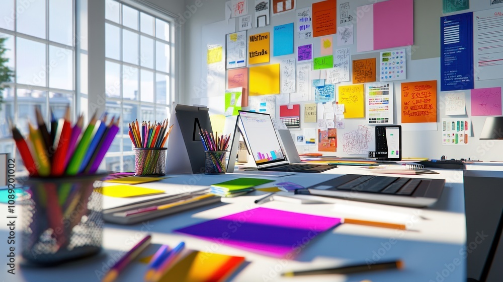 Poster a vibrant workspace filled with stationery, digital devices, and colorful notes for creative tasks.