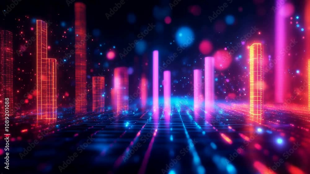 Poster digital background featuring colorful bar graph and line chart, glowing light effects on a dark back