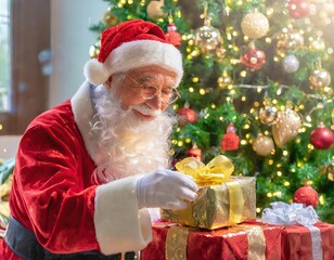 Santa Claus putting beautifully decorated presents under a beautifully decorated Christmas tree. Generated with AI