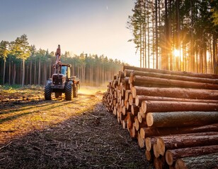 Stacked logs in a forest with machinery in the background. Generated with AI