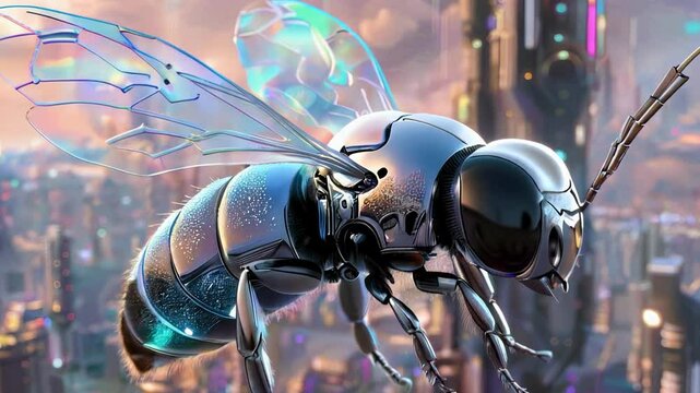 A futuristic robotic bee with transparent wings flies over a vibrant cityscape, showcasing a blend of technology and nature