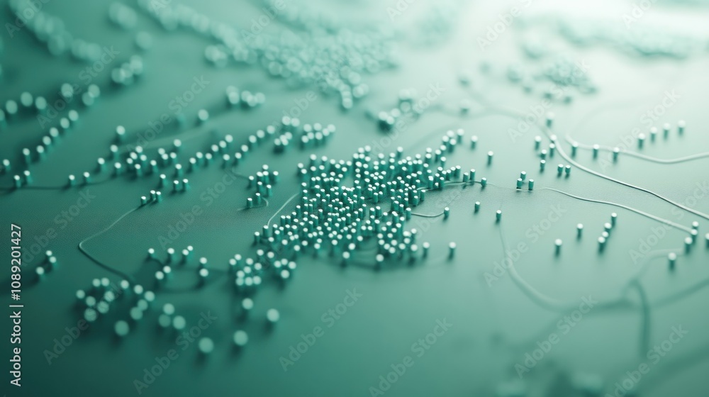 Poster a close-up of a stylized world map made of small spheres, representing data visualization.
