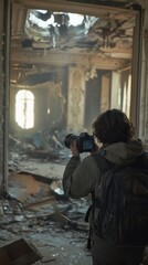 A photographer captures an abandoned interior filled with debris and decay.