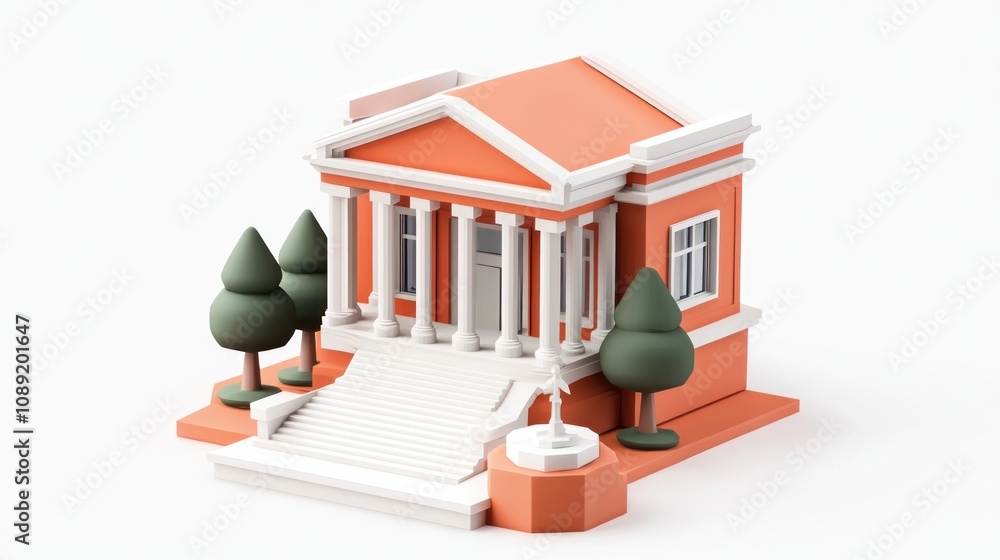 Poster a stylized building with columns, steps, and trees, resembling a classic architectural design.