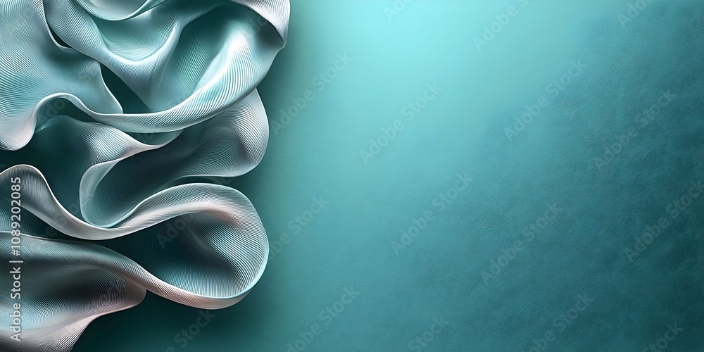 Poster A close-up of elegant, flowing fabric in soft shades of teal and white, creating a serene and calming effect. The intricate folds add depth and texture to the composition.