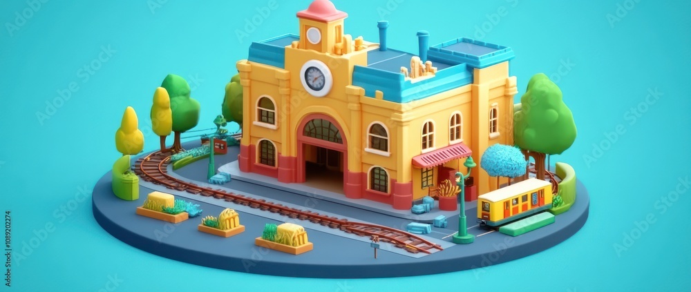 Poster a colorful model of a train station with tracks, trees, and a tram, designed for play.