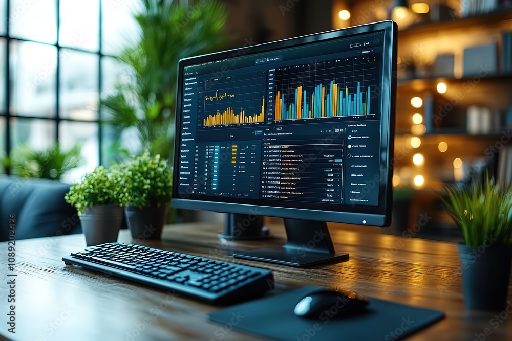 Poster a computer monitor displays a graph of data on a desk