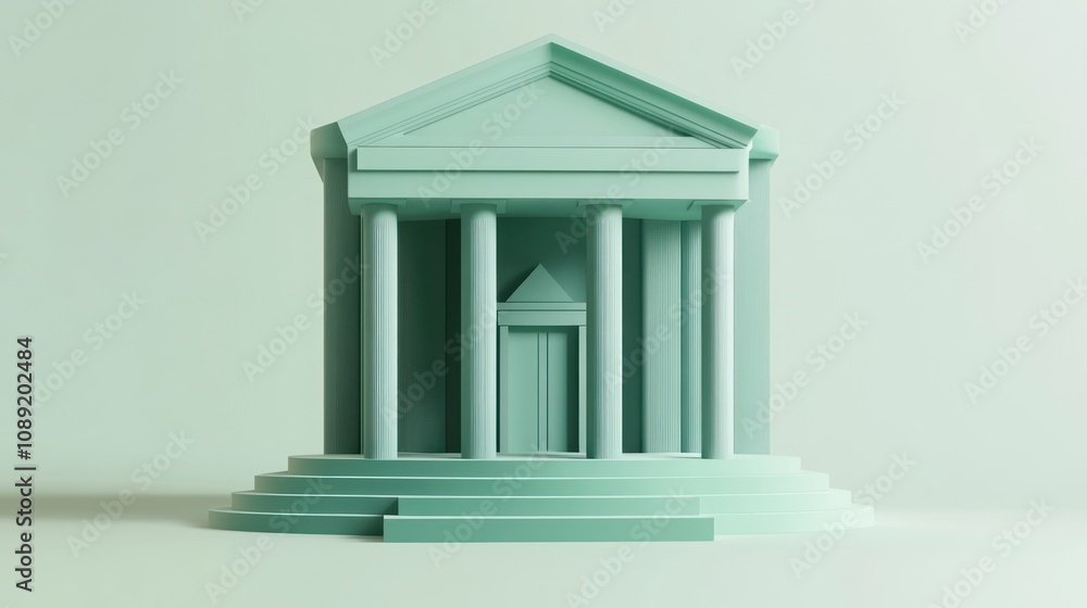 Poster A minimalist representation of a classical building with columns and steps.