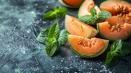 Melons like watermelon, cantaloupe, and honeydew with fresh mint leaves on a dark stone background, high resolution, 