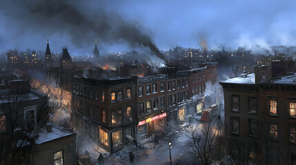 A captivating nighttime cityscape, snow-dusted streets, smoke billows from a distant fire, adding a dramatic touch to the Victorian-era architecture.