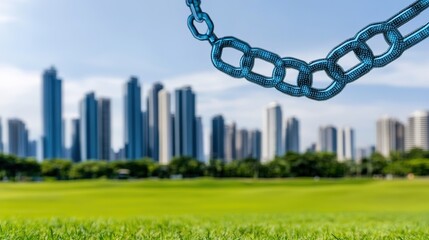 Chain Link Over Green Field with City Skyline in the Background Illuminated by Bright Blue Sky, Symbolizing Strength, Connection, and Urban Landscape