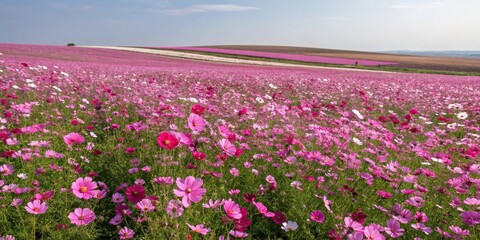 A sea of cosmos flowers stretching out as far as the eye can see, cosmos flowers, natural beauty, purple petals, garden