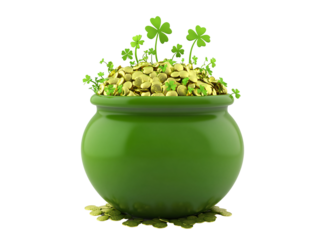 a pot of gold coins with clovers