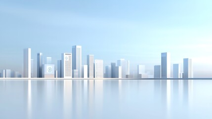 Obraz premium Modern Urban City Skyline with Reflection on Water Surface Under Clear Blue Sky, Featuring Tall Buildings and Minimalist Architectural Style