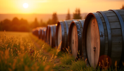 Obraz premium Wine barrels lined up in a vineyard at sunset, surrounded by lush greenery