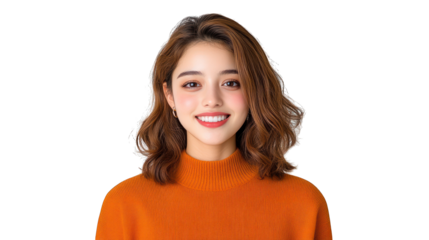 Smiling woman in an orange sweater against a plain background. Transparent background.