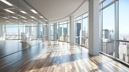 Fototapeta premium Empty office room with a window view of the Bangkok cityscape skyline. Real photo, mockup, white wall, wood floor, large glass windows, white ceiling, white square tiles, minimalist style