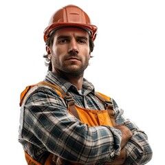 Fototapeta premium Construction worker with safety equipment renovates building on Labor Day.