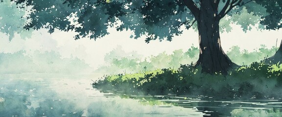 Fototapeta premium Foggy lake with dense mist, calm waters, and overhanging trees in soft light