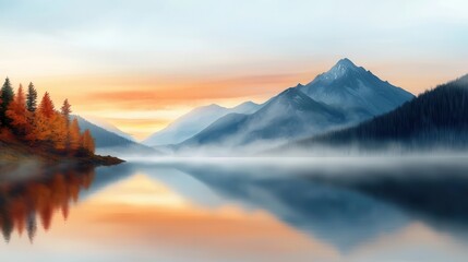 Majestic mountain lake reflecting the vibrant colors of a dramatic sunrise or sunset creating a serene and picturesque landscape scene  The misty atmospheric setting adds to the tranquil