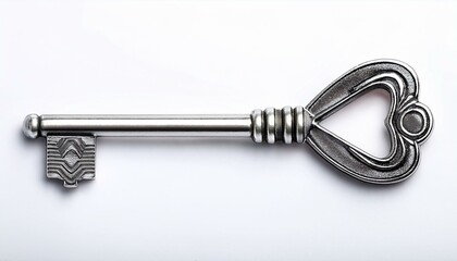 simple silver key with a detailed bow and bit isolated on a white background