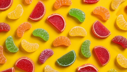 seamless pattern of assorted gummies jelly gummy fruit sweets candy on yellow background top view flat lay