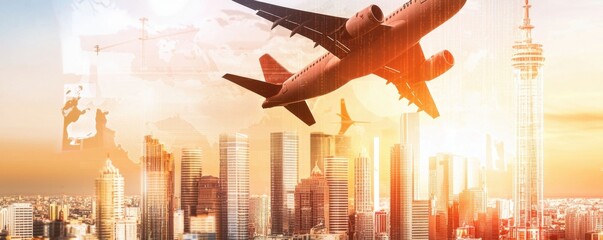 GDP economics background. A vibrant city skyline at sunset with an airplane flying overhead, symbolizing travel, exploration, and modern life.
