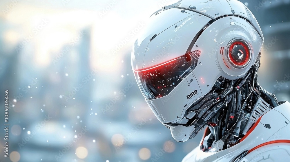 Poster futuristic humanoid robot or with advanced technology features like headlights visor and digital dis