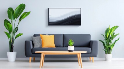 Serene and sophisticated minimalist living room interior with lush green plants modern gray sofa and wooden coffee table