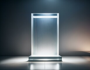 tall transparent glass pedestal with a sleek rectangular design soft diffused lighting creates gentle shadows enhancing the modern minimalist aesthetic ideal for elegant product displays