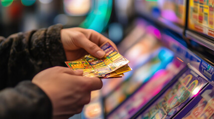 Person holding colorful lottery scratch cards in a vibrant gaming environment