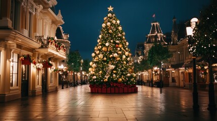 Fototapeta premium Christmas tree adorned with lights in the heart of a busy town square at night copy space