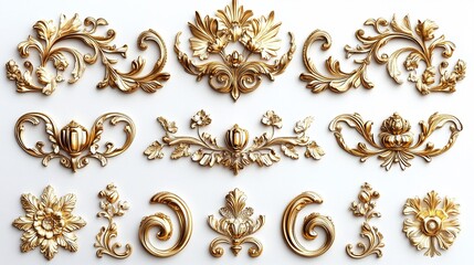 Exquisite Retro Lace and Gilded Decorative Elements: Elegant Swirls and Ornaments in Symmetrical Vector Design for High-Resolution Professional Photos