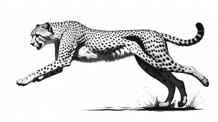 Fototapeta premium Dynamic cheetah logo featuring a jumping silhouette in black, designed on a clean white background. 