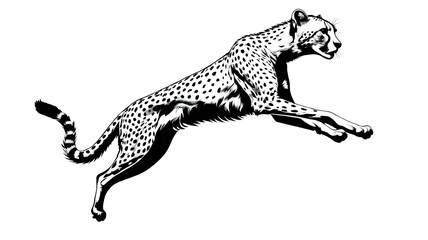 Fototapeta premium Powerful cheetah jump design in black silhouette style, isolated cleanly on a white background for versatile use. 