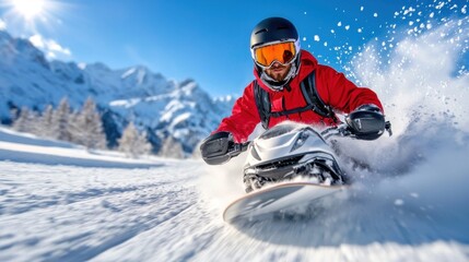 Adventurous skier carving through fresh powdery snow on a steep snowy mountain slope surrounded by a breathtaking winter landscape under a bright clear sky