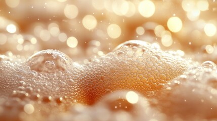 Close-up of bubbly foam with bokeh lights.
