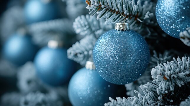 Close-up of blue Christmas ornaments on a snow-frosted tree.