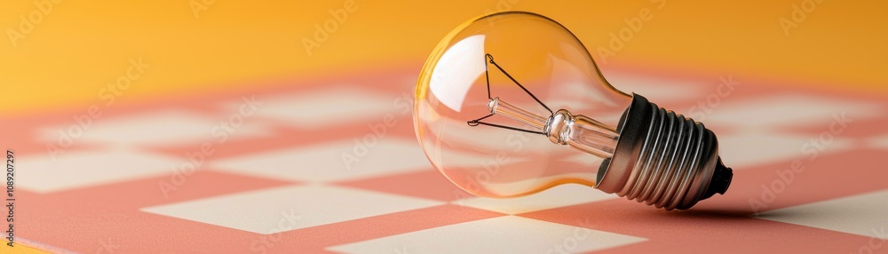 Poster a close-up of a lightbulb resting on a pink and white patterned surface, highlighting its glass stru