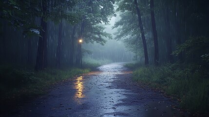 Obraz premium A Remote Forest Trail During a Rainstorm at Dusk
