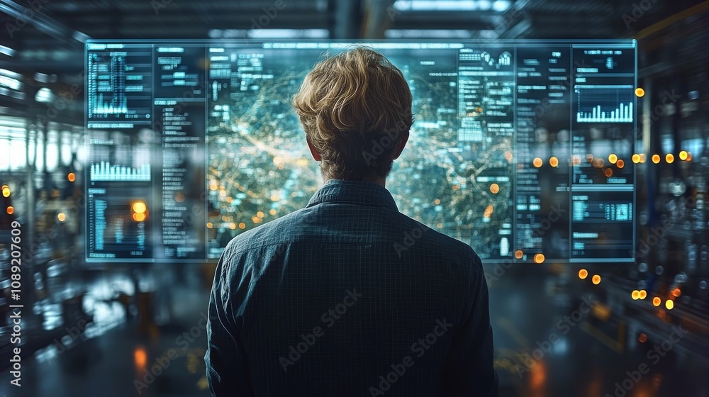 Poster engineer analyzing complex data on a large holographic display in a modern workspace