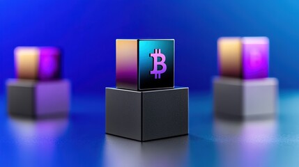 Abstract representation of cryptocurrency concept with colorful blocks featuring a Bitcoin symbol on a vibrant background, highlighting modern finance and digital innovation.