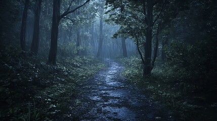 Obraz premium A Remote Forest Trail During a Rainstorm at Dusk