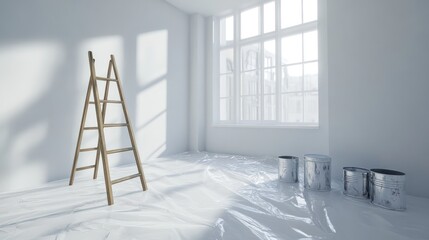 A bright room with a ladder and paint cans, ready for renovation.