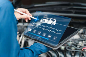 Car service technology, Service check process concept, Women's Service Center Officers use tablets...